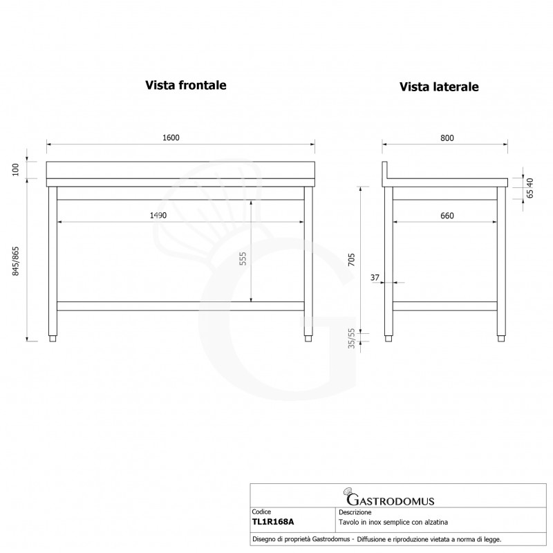 Tavolo inox 1 ripiano alzatina L 1600 mm x P 800 mm x H 965 mm