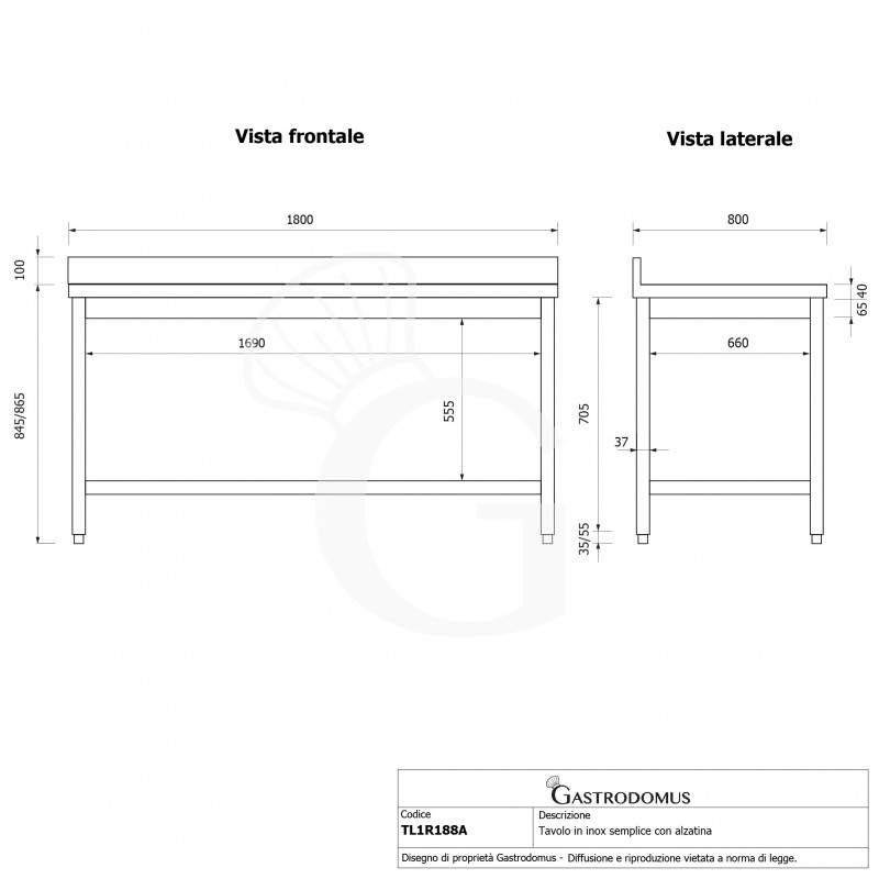 Tavolo inox 1 ripiano alzatina L 1800 mm x P 800 mm x H 965 mm