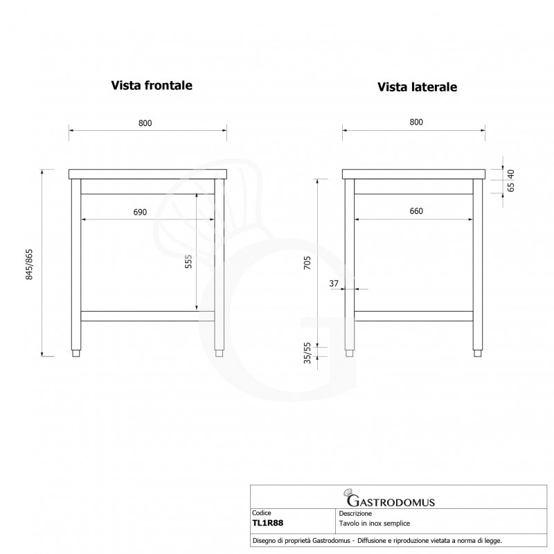 Tavolo inox 1 ripiano L 800 mm x P 800 mm x H 865 mm