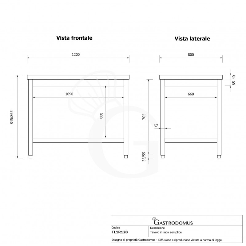 Tavolo inox 1 ripiano L 1200 mm x P 800 mm x H 865 mm