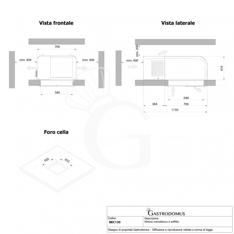 Motore monoblocco installazione a soffitto per cella frigorifera negativa - potenza 810 W