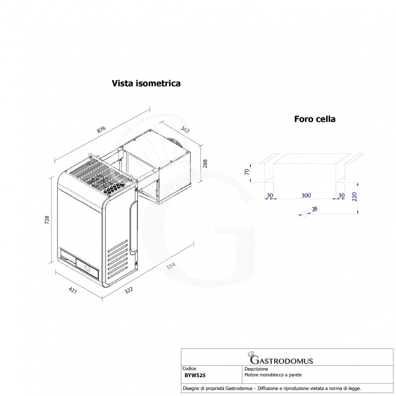 Motore monoblocco installazione a parete accavallato per cella frigorifera negativa - potenza 690 W