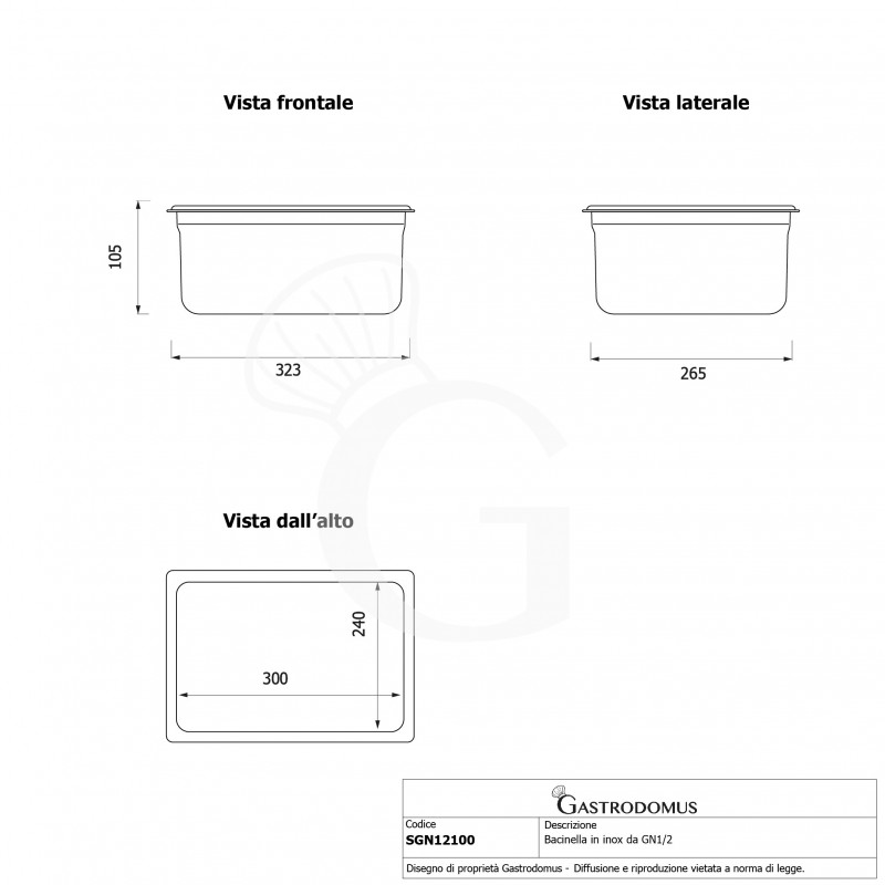 Bacinella in acciaio inox GN1/2 L 323 mm x P 265 mm x H 105 mm