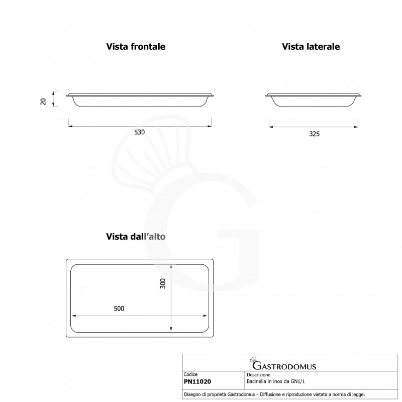 Teglia rettangolare in acciaio inox GN1/1 L 530 x P 325 x H 20 mm