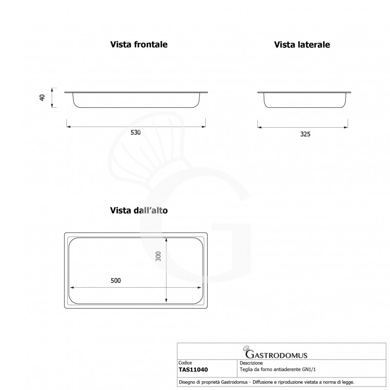 Teglia Rettangolare in alluminio con antiaderente GN1/1 L 530 mm x P 325 mm x H 40 mm