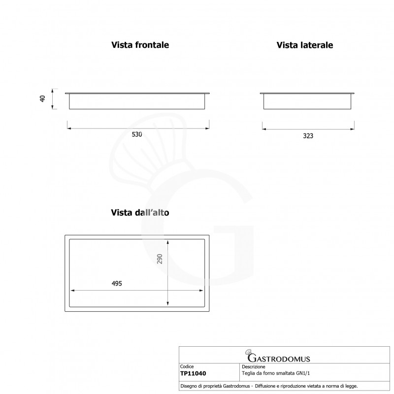 Teglia Rettangolare smaltata in acciaio inox GN1/1 L 530 mm x P 323 mm x H 40 mm