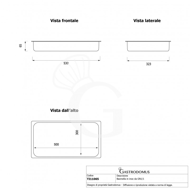 Teglia Rettangolare in acciaio inox GN1/1 L 530 mm x P 323 mm x H 65 mm