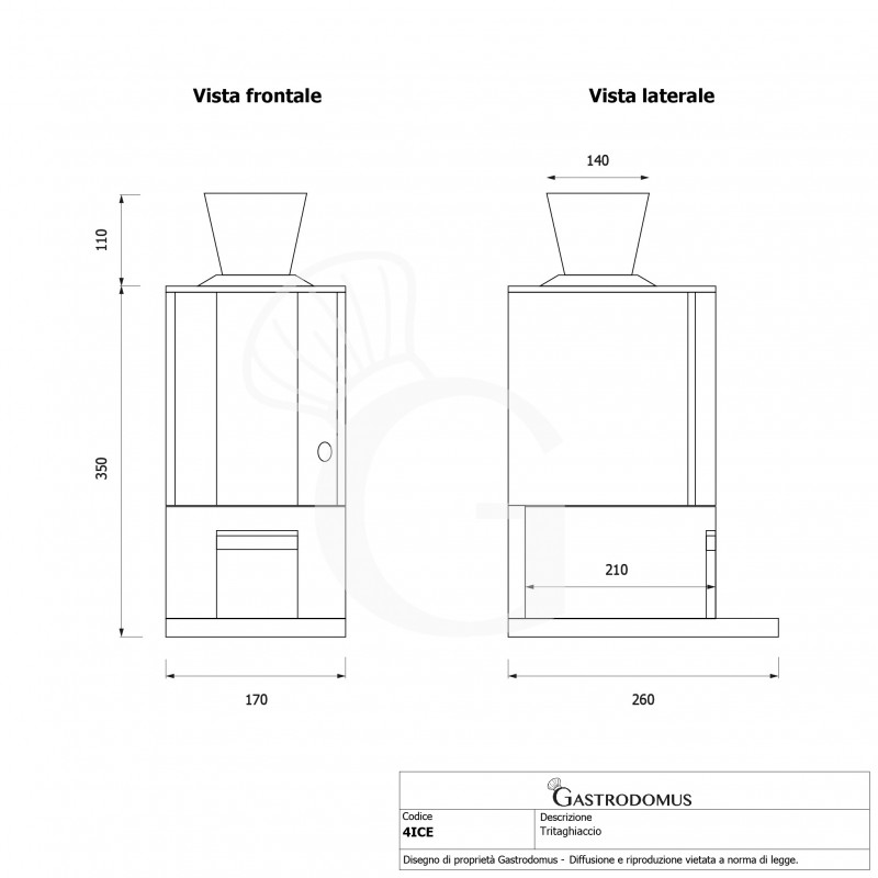 Tritaghiaccio Professionale Monofase 15 Kg/h 80 W, 2000 rpm, L 170 mm x P 260 mm x H 460 mm