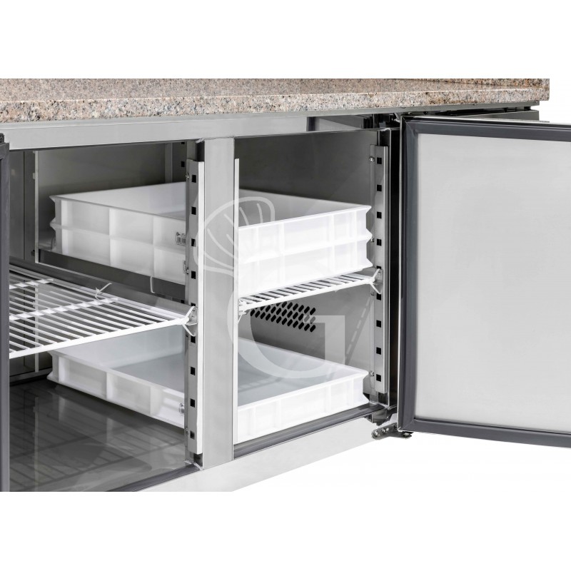 Banco Pizza 600x400 2 porte vetrina 5 bacinelle GN1/3 + 1 bacinella GN1/2 390 LT