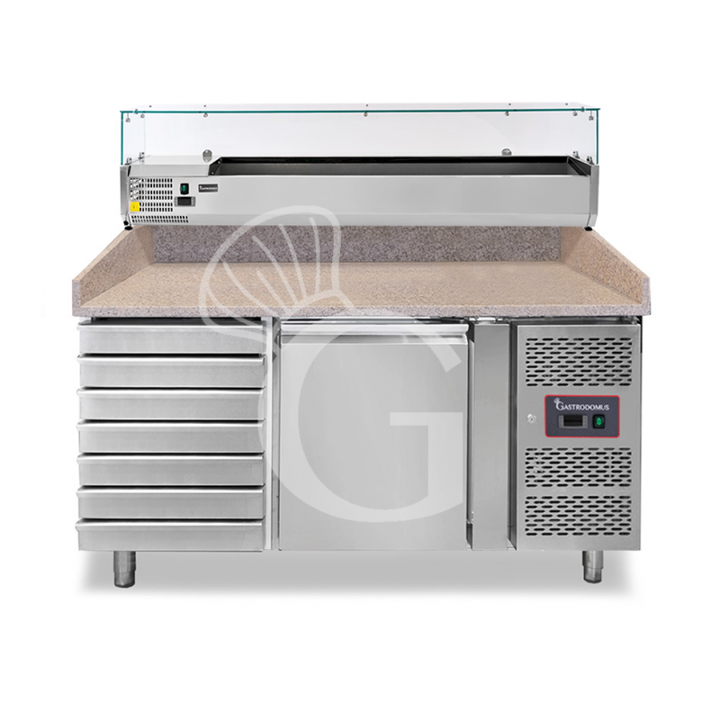 Banco Pizza 600x400 1 porta 7 cassetti vetrina 5 bacinelle GN1/3 + 1 GN1/2 motore a sinistra 210 LT Banco Pizza 600x400 1 porta 7 cassetti vetrina 5 bacinelle GN1/3 + 1 GN1/2 motore a sinistra 210 LT