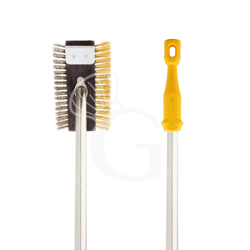 Spazzolone doppio in inox-ottone per griglie e piastre cottura con raschietto dimensioni 220x120x1100h mm