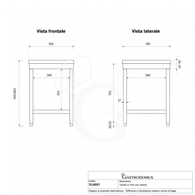Tavolo inox 1 ripiano L 500 mm x P 700 mm x H 865 mm