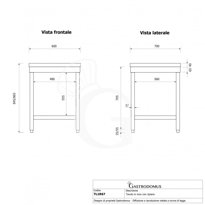Tavolo inox 1 ripiano L 600 mm x P 700 mm x H 865 mm
