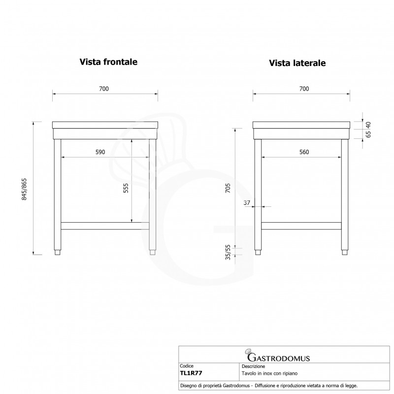 Tavolo inox 1 ripiano L 700 mm x P 700 mm x H 865 mm