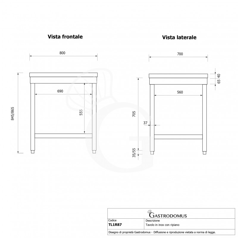 Tavolo inox 1 ripiano L 800 mm x P 700 mm x H 865 mm