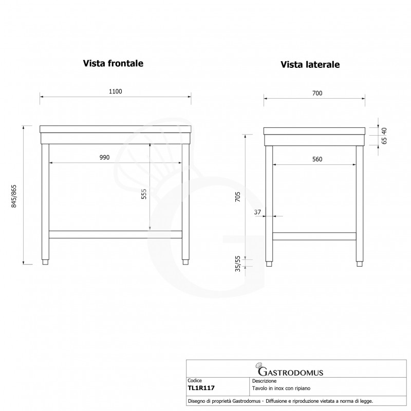 Tavolo inox 1 ripiano L 1100 mm x P 700 mm x H 865 mm