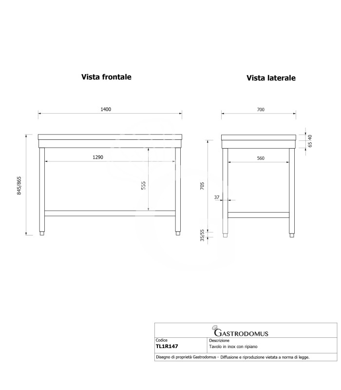 Tavolo inox 1 ripiano L 1400 mm x P 700 mm x H 865 mm
