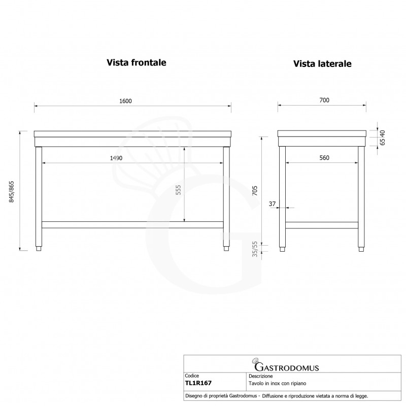 Tavolo inox 1 ripiano L 1600 mm x P 700 mm x H 865 mm