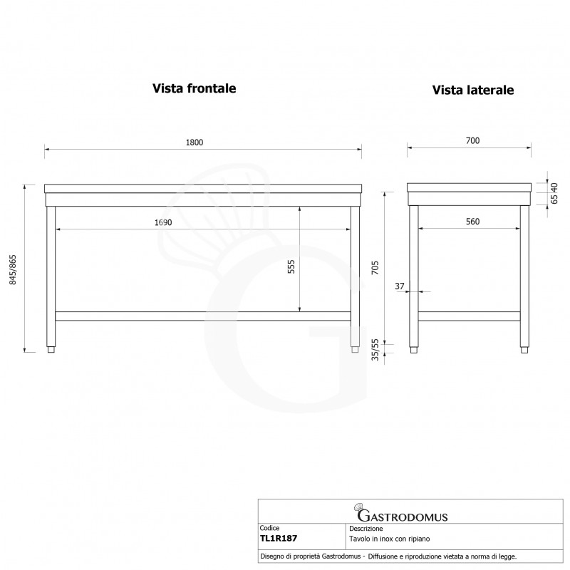 Tavolo inox 1 ripiano L 1800 mm x P 700 mm x H 865 mm