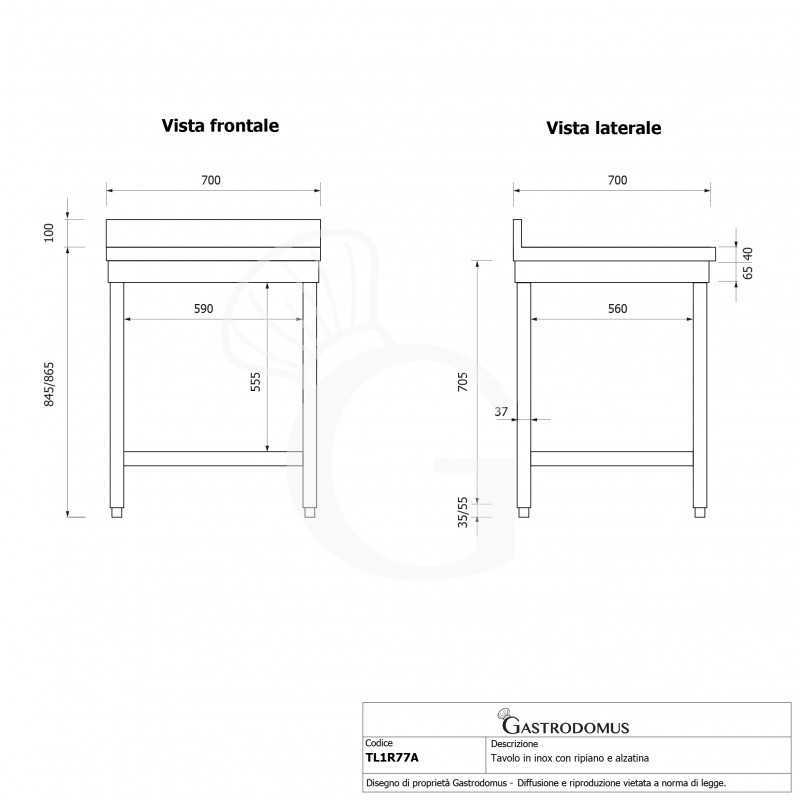Tavolo inox 1 ripiano alzatina L 700 mm x P 700 mm x H 965 mm