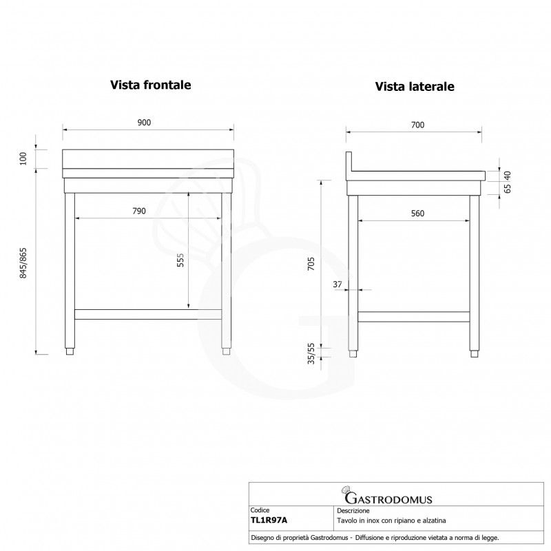 Tavolo inox 1 ripiano alzatina L 900 mm x P 700 mm x H 965 mm