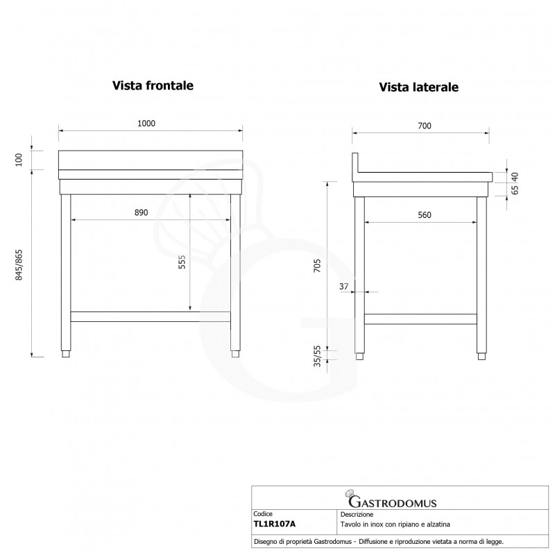 Tavolo inox 1 ripiano alzatina L 1000 mm x P 700 mm x H 965 mm