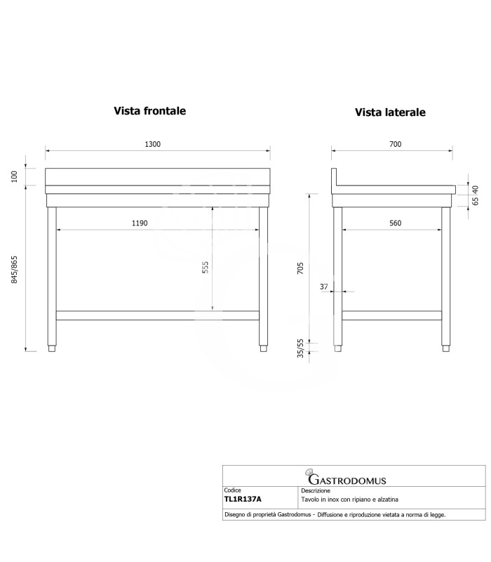 Tavolo inox 1 ripiano alzatina L 1300 mm x P 700 mm x H 965 mm