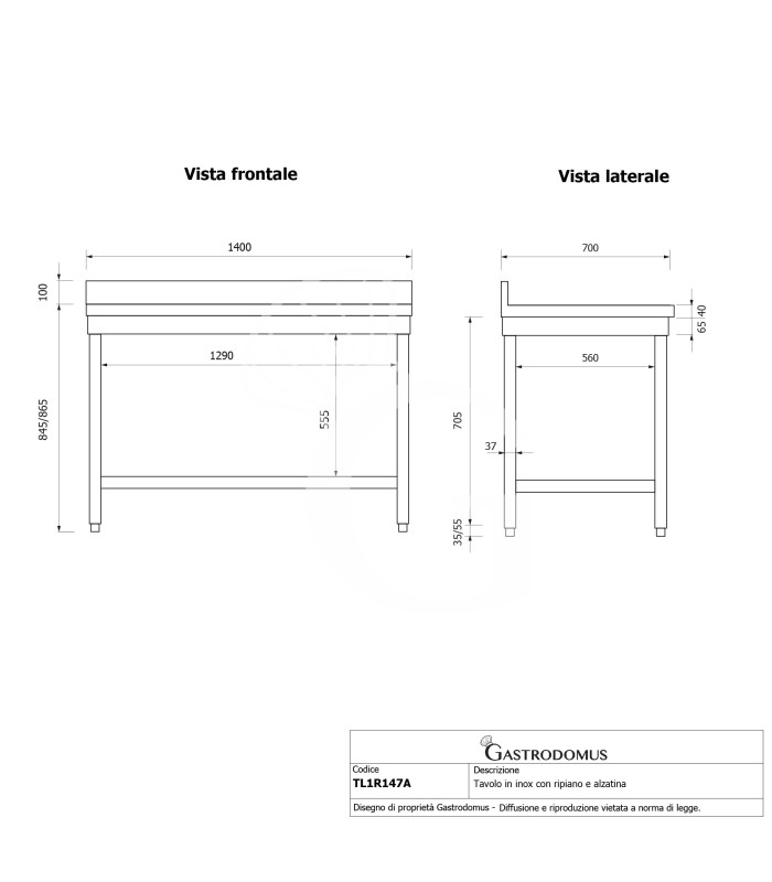 Tavolo inox 1 ripiano alzatina L 1400 mm x P 700 mm x H 965 mm