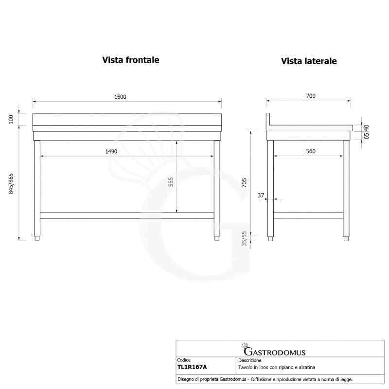 Tavolo inox 1 ripiano alzatina L 1600 mm x P 700 mm x H 965 mm