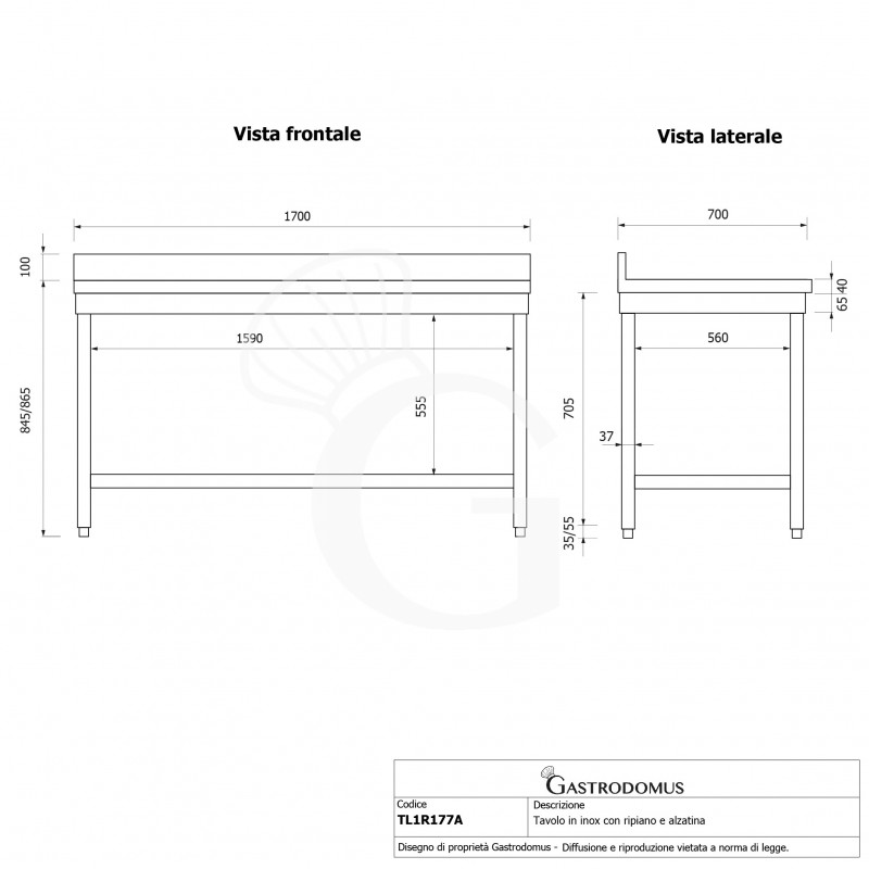 Tavolo inox 1 ripiano alzatina L 1700 mm x P 700 mm x H 965 mm