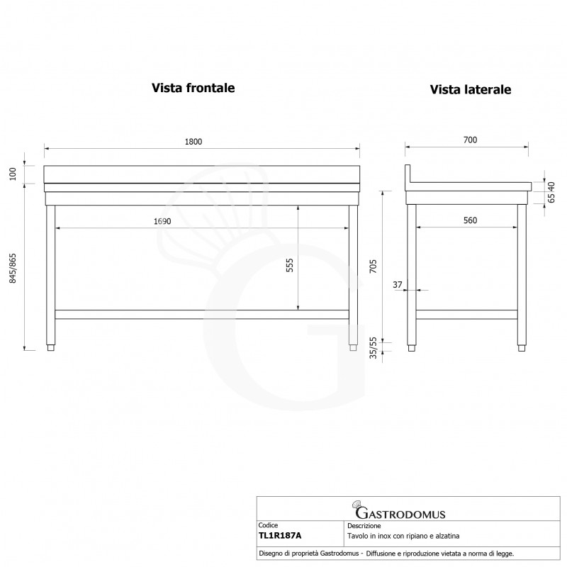 Tavolo inox 1 ripiano alzatina L 1800 mm x P 700 mm x H 965 mm
