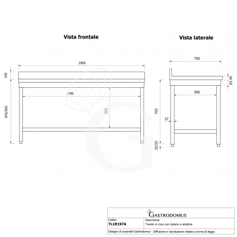 Tavolo inox 1 ripiano alzatina L 1900 mm x P 700 mm x H 965 mm