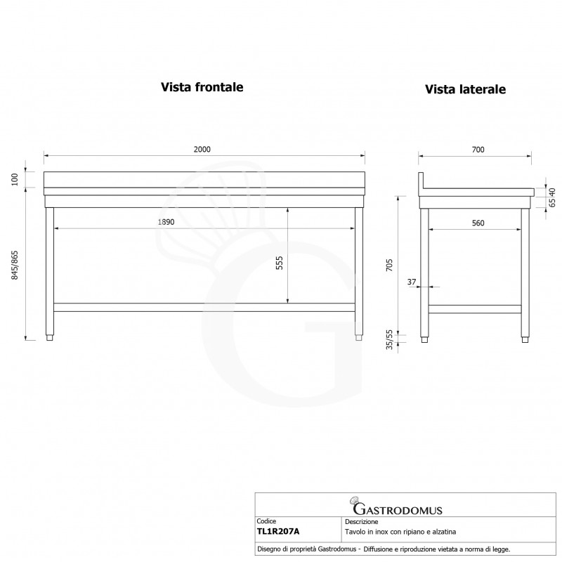 Tavolo inox 1 ripiano alzatina L 2000 mm x P 700 mm x H 965 mm