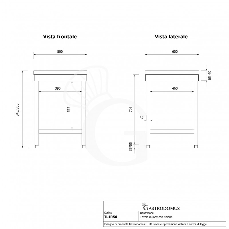 Tavolo inox 1 ripiano L 500 mm x P 600 mm x H 865 mm