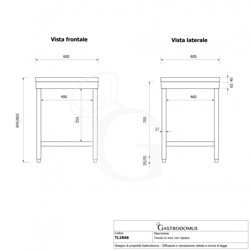 Tavolo inox 1 ripiano L 600 mm x P 600 mm x H 865 mm