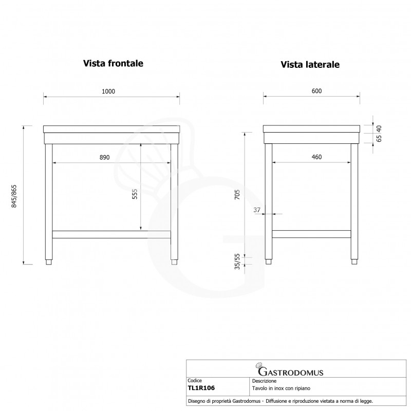 Tavolo inox 1 ripiano L 1000 mm x P 600 mm x H 865 mm