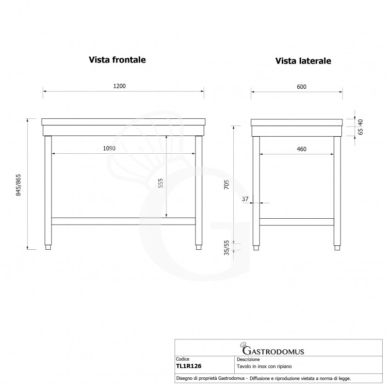 Tavolo inox 1 ripiano L 1200 mm x P 600 mm x H 865 mm