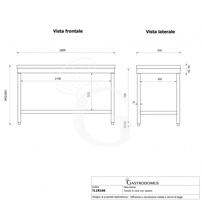 Tavolo inox 1 ripiano L 1600 mm x P 600 mm x H 865 mm