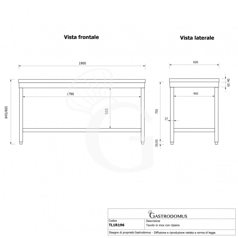 Tavolo inox 1 ripiano L 1900 mm x P 600 mm x H 865 mm