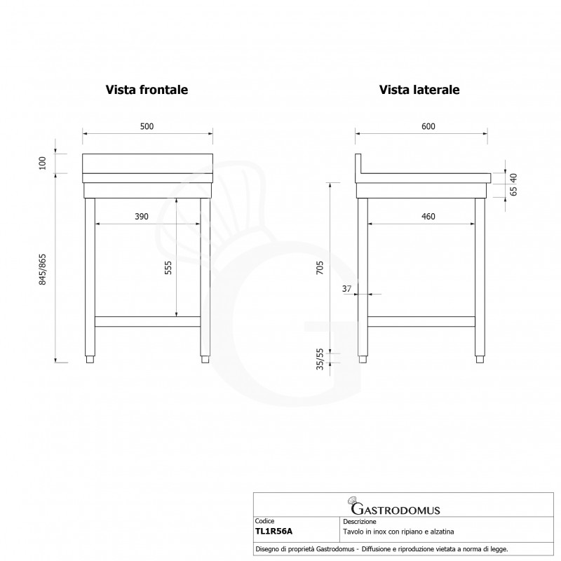 Tavolo inox 1 ripiano alzatina L 500 mm x P 600 mm x H 965 mm