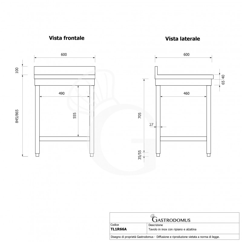 Tavolo inox 1 ripiano alzatina L 600 mm x P 600 mm x H 965 mm