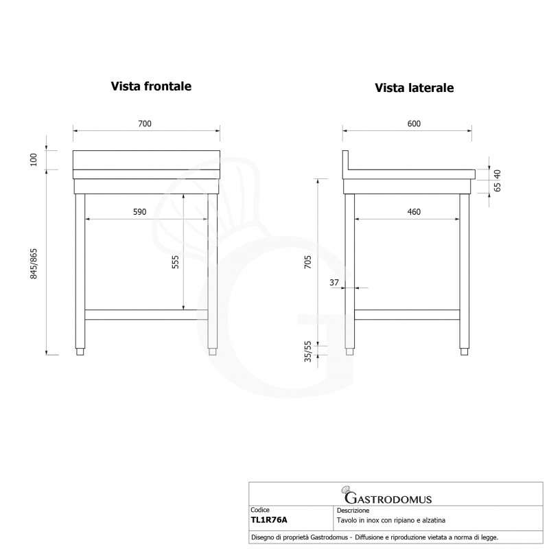 Tavolo inox 1 ripiano alzatina L 700 mm x P 600 mm x H 965 mm