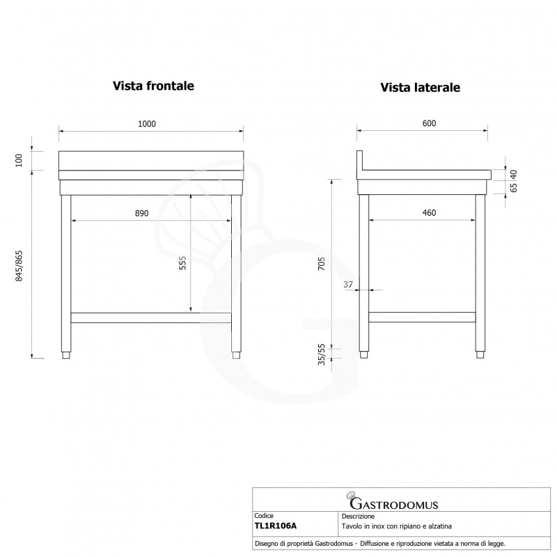 Tavolo inox 1 ripiano alzatina L 1000 mm x P 600 mm x H 965 mm
