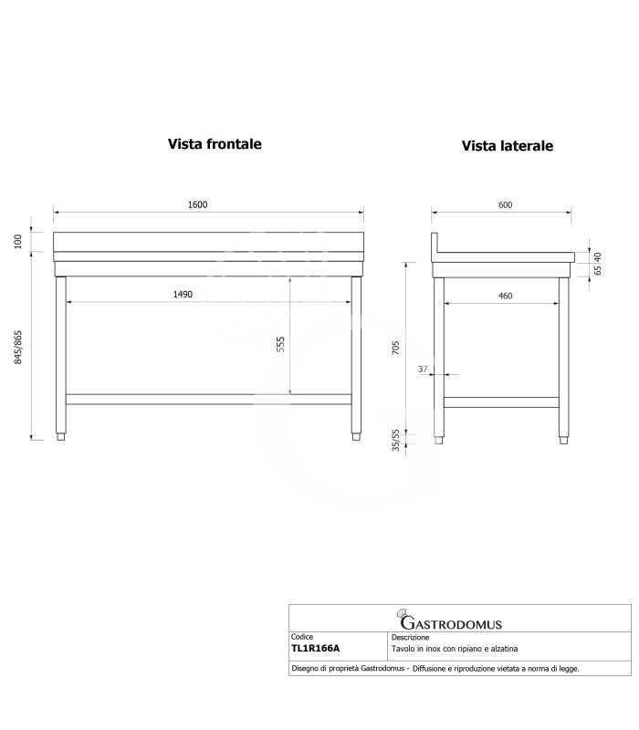 Tavolo inox 1 ripiano alzatina L 1600 mm x P 600 mm x H 965 mm