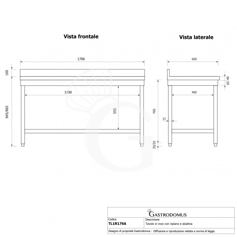 Tavolo inox 1 ripiano alzatina L 1700 mm x P 600 mm x H 950 mm
