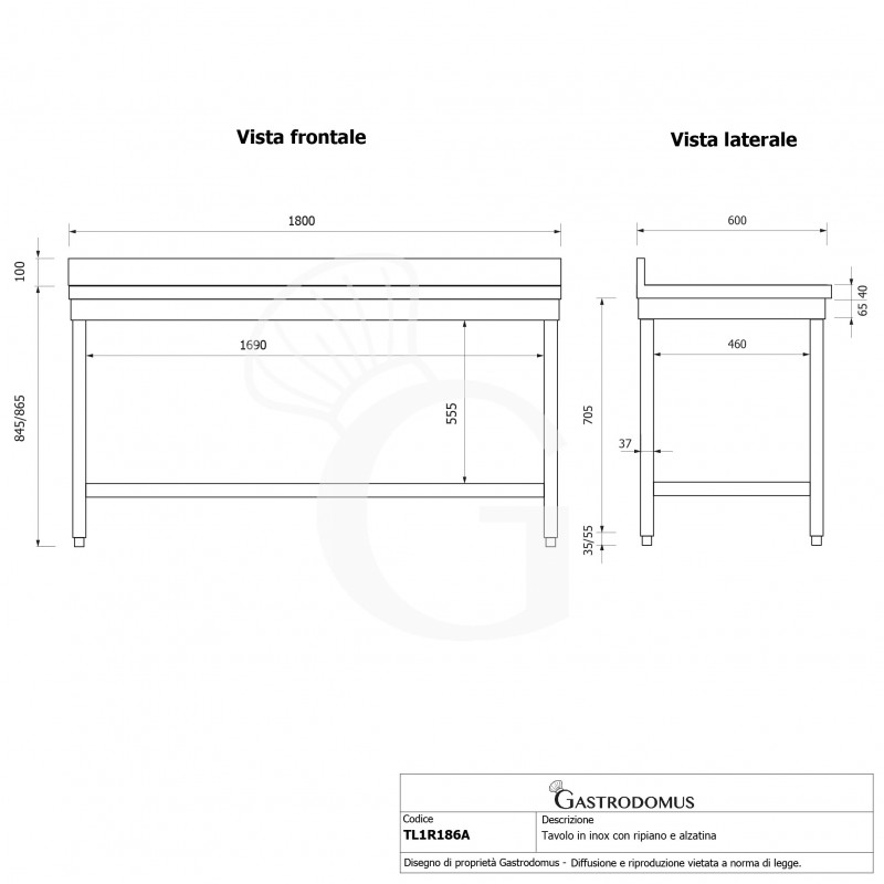 Tavolo inox 1 ripiano alzatina L 1800 mm x P 600 mm x H 965 mm