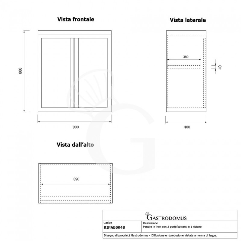 Pensile inox con 2 porte battenti, 1 ripiano, L 900 x P 400 x H 800 mm