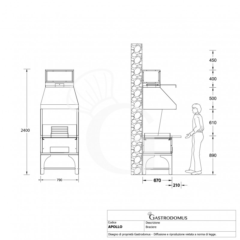 Modulo braciere L 790 mm x P 670+300 mm x H 2400 mm