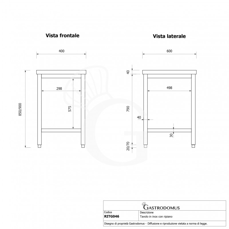 Tavolo inox 1 ripiano L 400 mm x P 600 mm x H 850 mm
