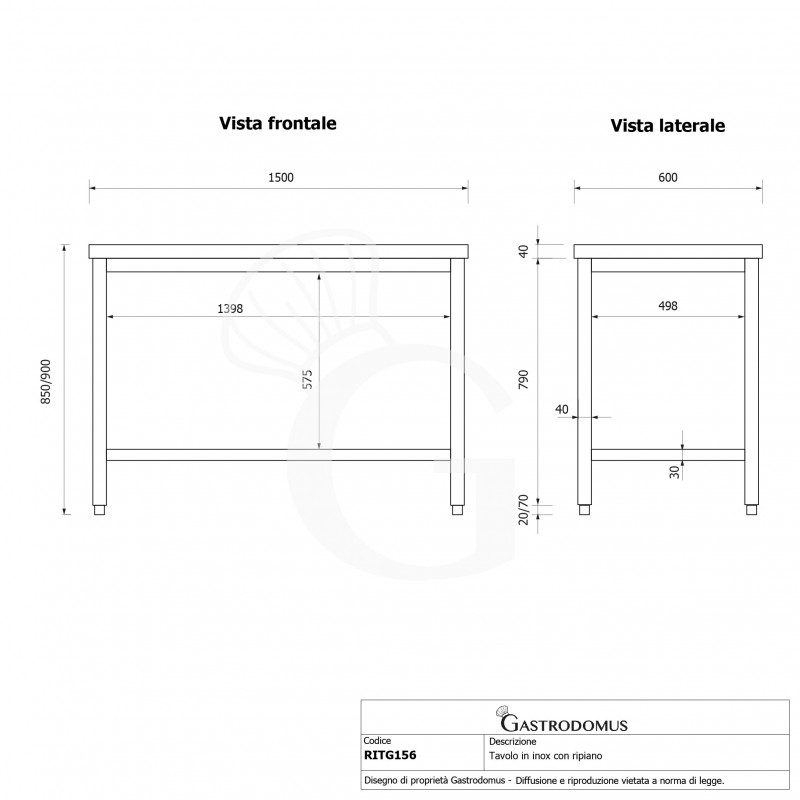 Tavolo inox 1 ripiano L 1500 mm x P 600 mm x H 850 mm